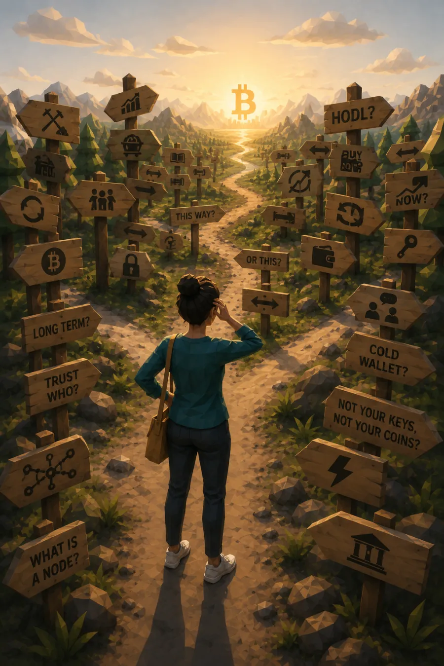 A woman stands at a fork in the path, hand to her head, ringed by a chaos of wooden signposts — 'HODL?', 'Cold wallet?', 'What is a node?', 'Trust who?', 'Not your keys, not your coins?' — while a bright Bitcoin sun rises over a clear path in the distance