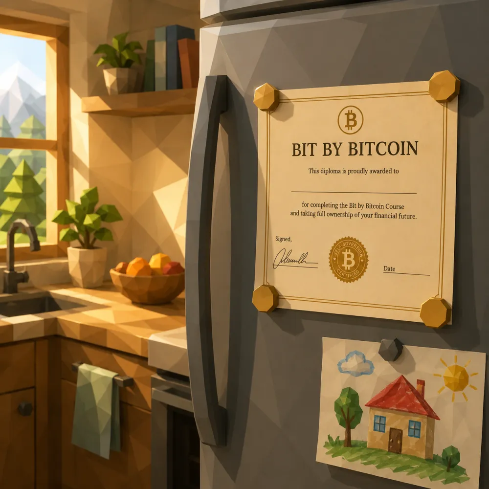 A signed 'Bit By Bitcoin' course diploma held to the fridge with gold magnets, a child's crayon drawing of a house beside it, in a warm sunlit kitchen.