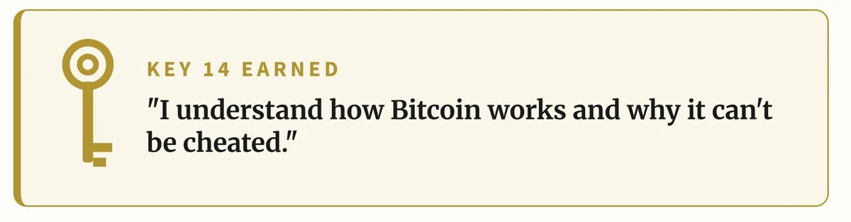 A 'Key 14 Earned' milestone from the course: I understand how Bitcoin works and why it can't be cheated