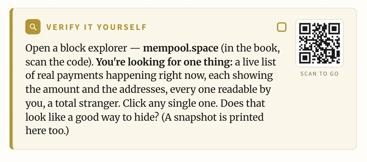 A 'Verify It Yourself' activity from the course — open a live block explorer, with a scannable code