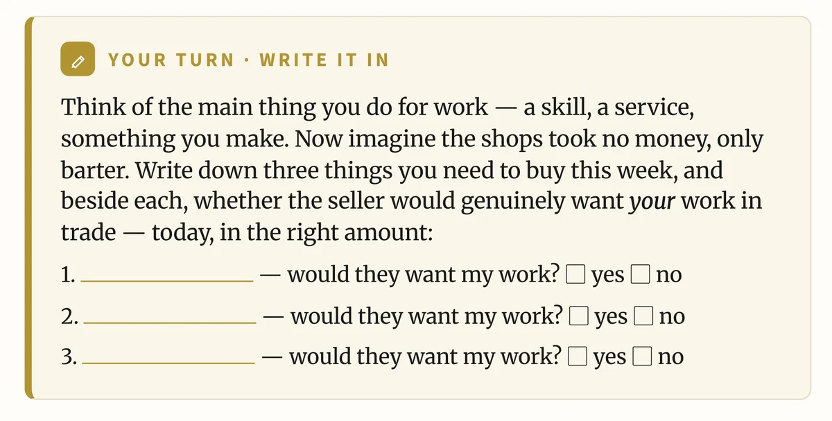 A 'Your Turn — Write It In' barter exercise from the course, with blanks to fill in