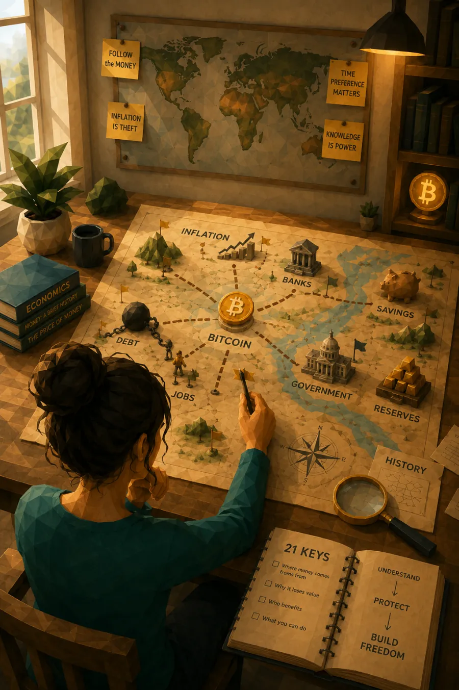 Someone plotting the whole course on a map — Bitcoin at the center, connected to Inflation, Banks, Savings, Government and more, with a 21 Keys notebook open beside it