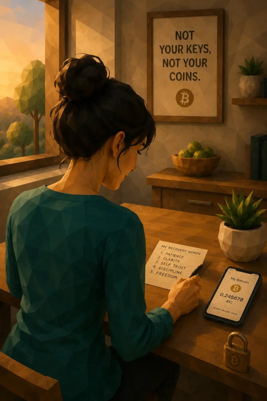 The same woman at her kitchen table, calm and unhurried, writing her recovery words onto a card with a small padlock beside her — a framed poster reads 'Not your keys, not your coins'