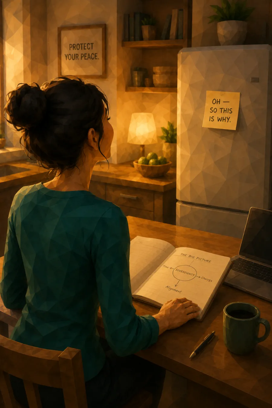 The same woman at her kitchen table, seen from behind — head lifted, shoulders easing, the faint edge of a smile — the moment Bitcoin finally clicks; a sticky note on the fridge reads 'Oh — so this is why'
