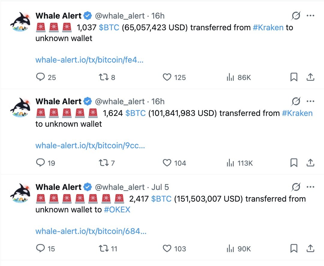 Whale Alert tweets flagging large Bitcoin transfers between exchanges
